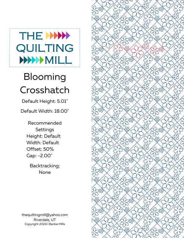 Blooming Crosshatch floral grid pantograph info sheet with file formats and specifications for digital pantographs and longarm quilting machines