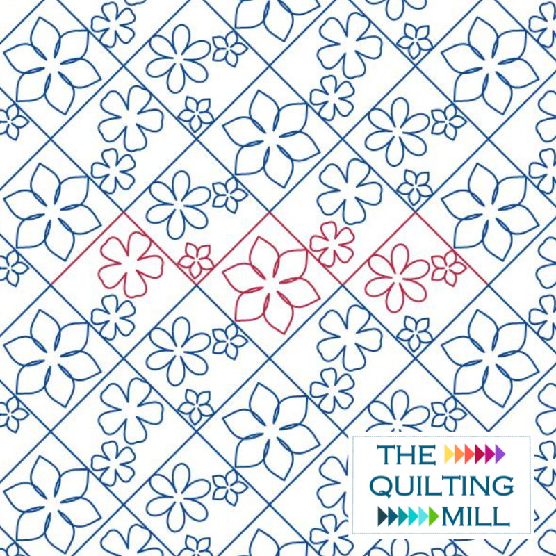 Blooming Crosshatch floral grid pantograph product image showing bold flowers on a dynamic diagonal crosshatch grid layout for modern edge-to-edge longarm quilting