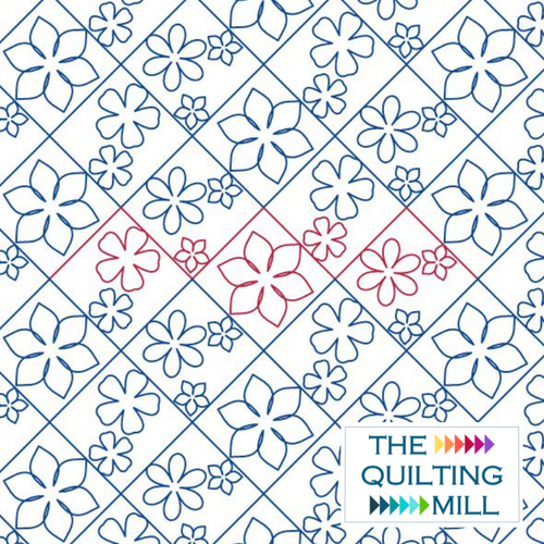 Blooming Crosshatch floral grid pantograph product image showing bold flowers on a dynamic diagonal crosshatch grid layout for modern edge-to-edge longarm quilting