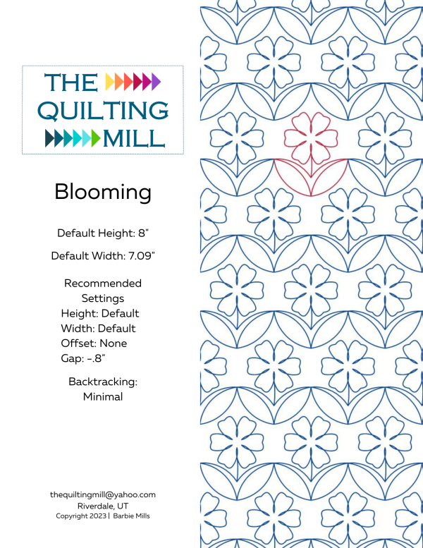 Blooming digital floral pantograph pattern info sheet with file formats and specifications for digital pantographs and longarm quilting machines