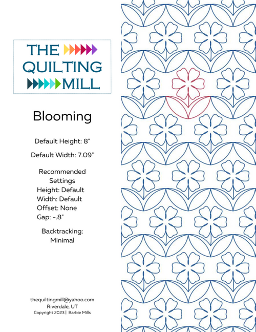 Blooming digital floral pantograph pattern info sheet with file formats and specifications for digital pantographs and longarm quilting machines