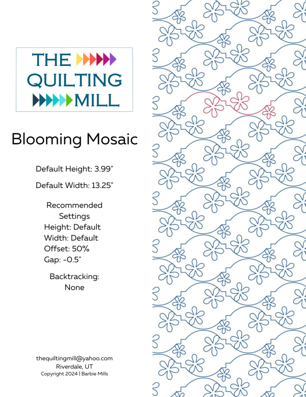 Blooming Mosaic playful floral pantograph info sheet with file formats and specifications for digital pantographs and longarm quilting machines