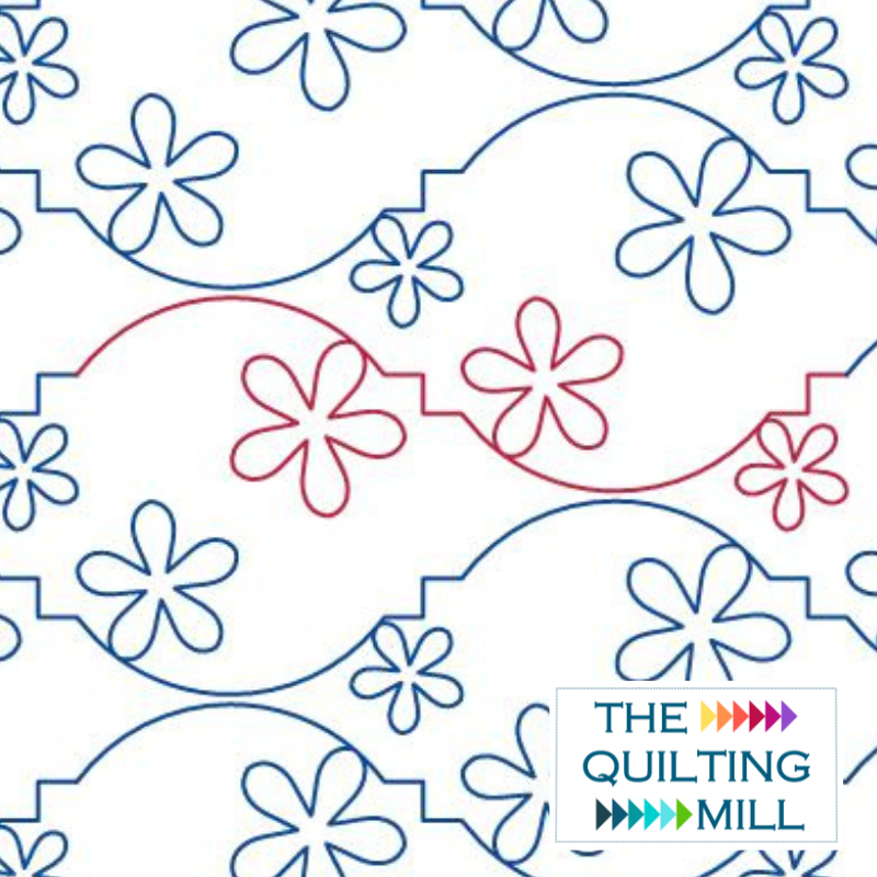 Blooming Mosaic playful floral pantograph product image showing vibrant swirling petal shapes in a mosaic floral layout for energetic edge-to-edge longarm quilting
