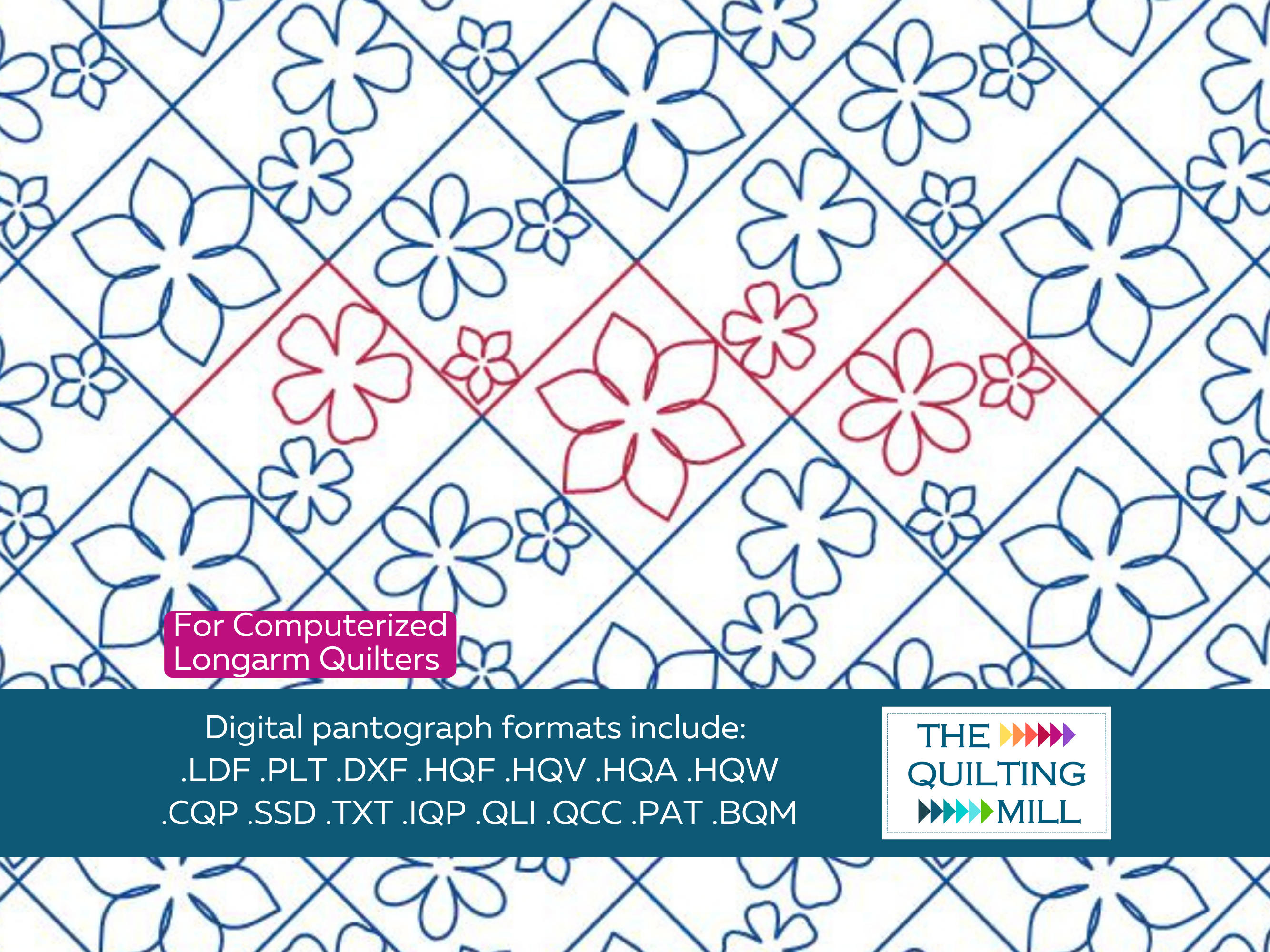 Blooming Crosshatch floral grid pantograph full design view with The Quilting Mill logo – bold flowers on a diagonal crosshatch geometric grid in a modern edge-to-edge longarm pantograph