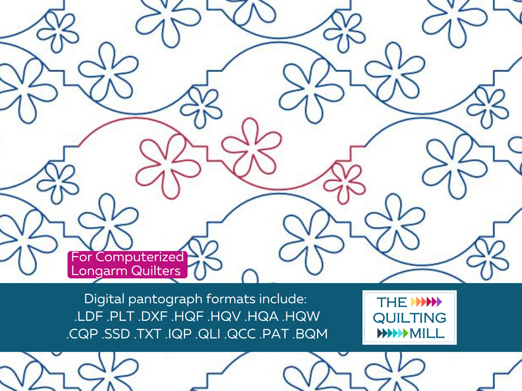 Blooming Mosaic playful floral pantograph full design view with The Quilting Mill logo – vibrant swirling mosaic petals in a playful energetic edge-to-edge longarm pantograph