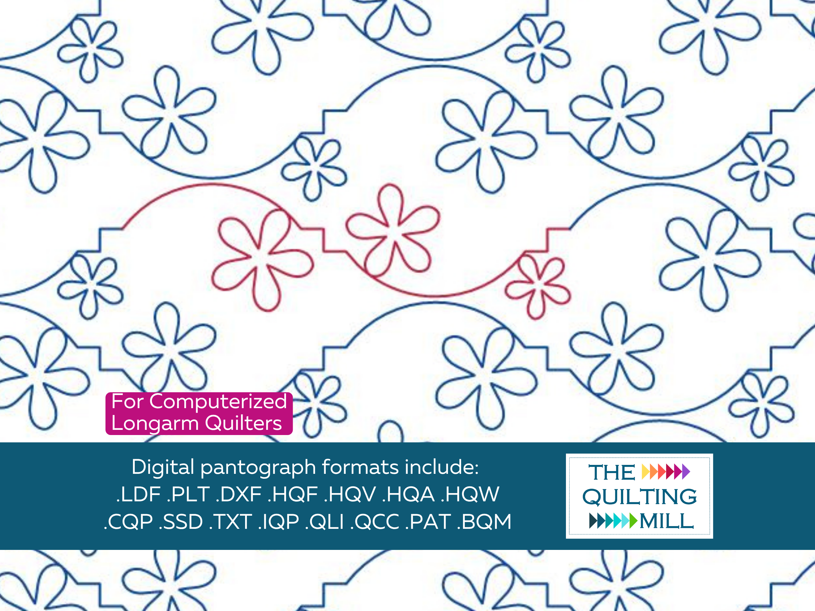 Blooming Mosaic playful floral pantograph full design view with The Quilting Mill logo – vibrant swirling mosaic petals in a playful energetic edge-to-edge longarm pantograph