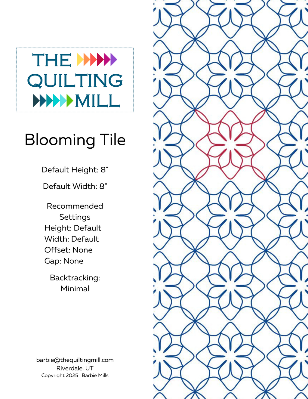Blooming Tile interlocking floral pantograph info sheet with file formats and specifications for digital pantographs and longarm quilting machines