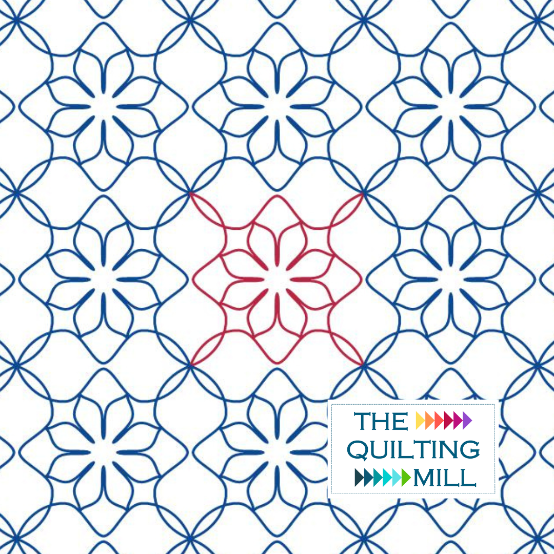 Blooming Tile interlocking floral pantograph product image showing cheerful eight-petal flowers nestled inside interlocking diamond tiles for modern edge-to-edge longarm quilting