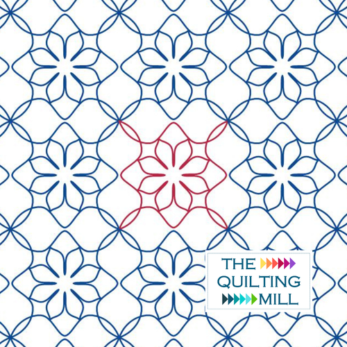 Blooming Tile interlocking floral pantograph product image showing cheerful eight-petal flowers nestled inside interlocking diamond tiles for modern edge-to-edge longarm quilting