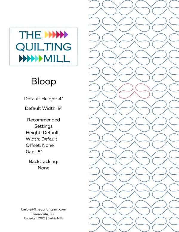 Bloop playful loop pantograph info sheet with file formats and specifications for digital pantographs and longarm quilting machines