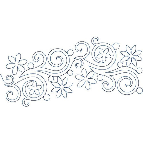 Close-up of Blossoming Dreams elegant floral swirl pantograph showing dainty daisy flower shapes and gentle swirling curves with flowing continuous stitching detail for longarm quilting machines