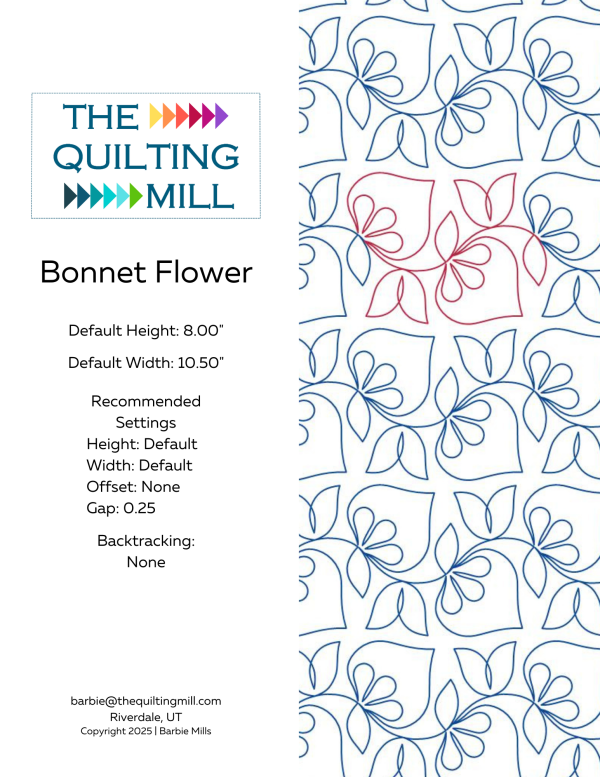 Bonnet Flower floral digital pantograph design info sheet showing default height, width, gap settings and supported file formats for longarm quilting software