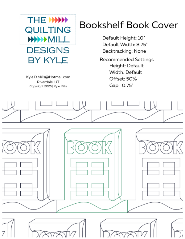 Bookshelf Book Cover longarm quilt pattern info sheet showing file formats, offset settings and default specifications for longarm quilting software