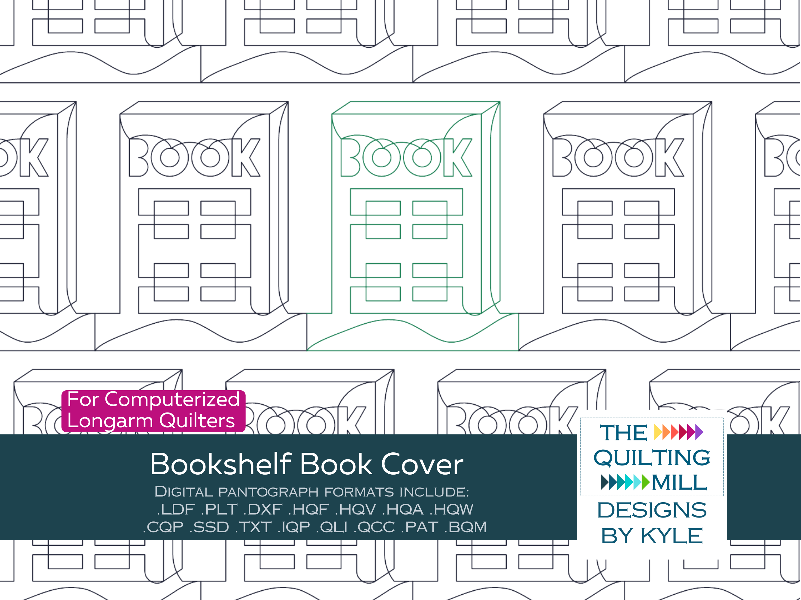 Bookshelf Book Cover longarm quilt pattern – bold repeating book spine motifs in a whimsical bookshelf-inspired digital pantograph design for longarm machines