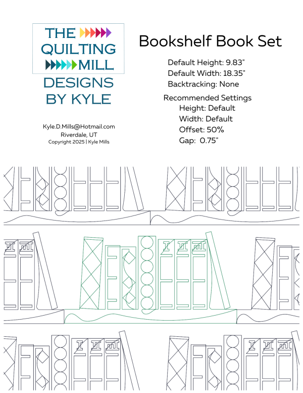 Bookshelf Book Set novelty quilting pattern info sheet showing file formats, offset settings and default specifications for longarm quilting software