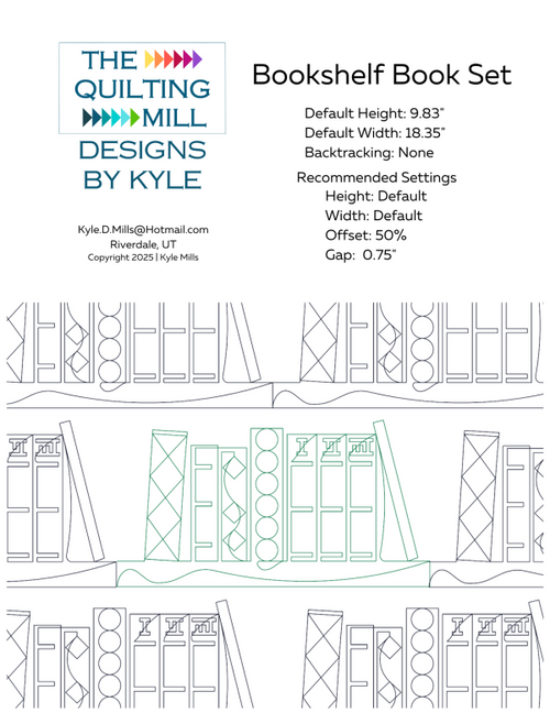 Bookshelf Book Set novelty quilting pattern info sheet showing file formats, offset settings and default specifications for longarm quilting software