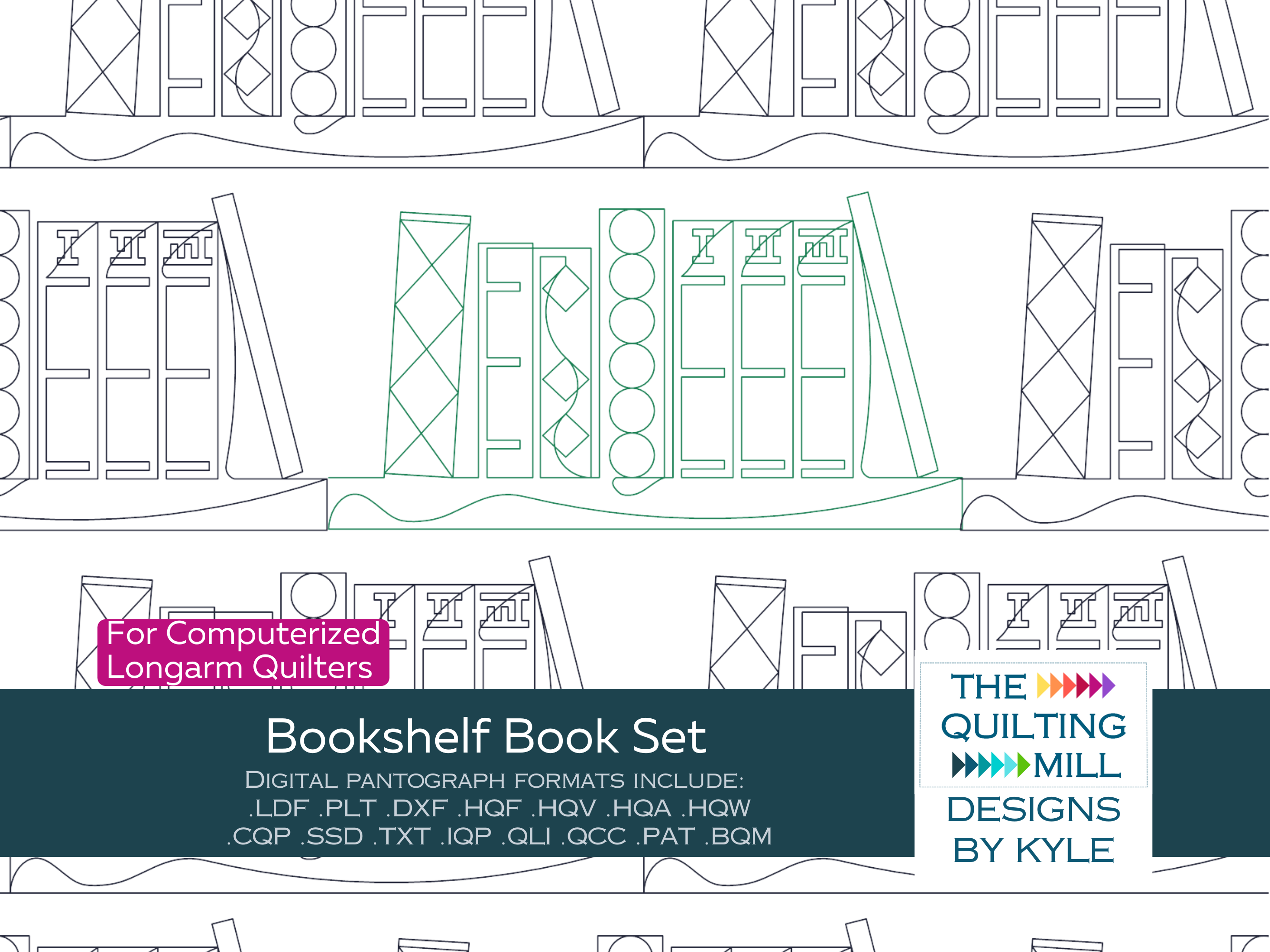 Bookshelf Book Set novelty quilting pattern – curated book set motifs repeating edge to edge in a whimsical bookshelf-inspired digital pantograph design