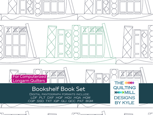 Bookshelf Book Set novelty quilting pattern – curated book set motifs repeating edge to edge in a whimsical bookshelf-inspired digital pantograph design