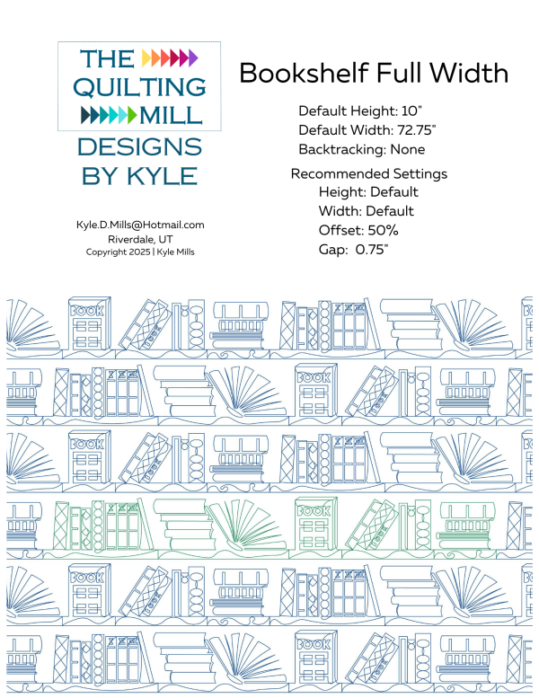 Bookshelf Full Width novelty digital pantograph info sheet showing 10" height, 72.75" default width, 50% offset and supported file formats for longarm software