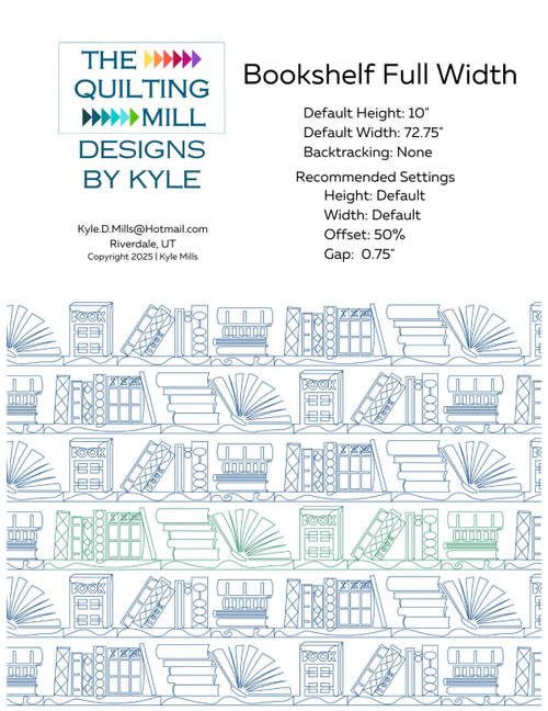 Bookshelf Full Width novelty digital pantograph info sheet showing 10" height, 72.75" default width, 50% offset and supported file formats for longarm software