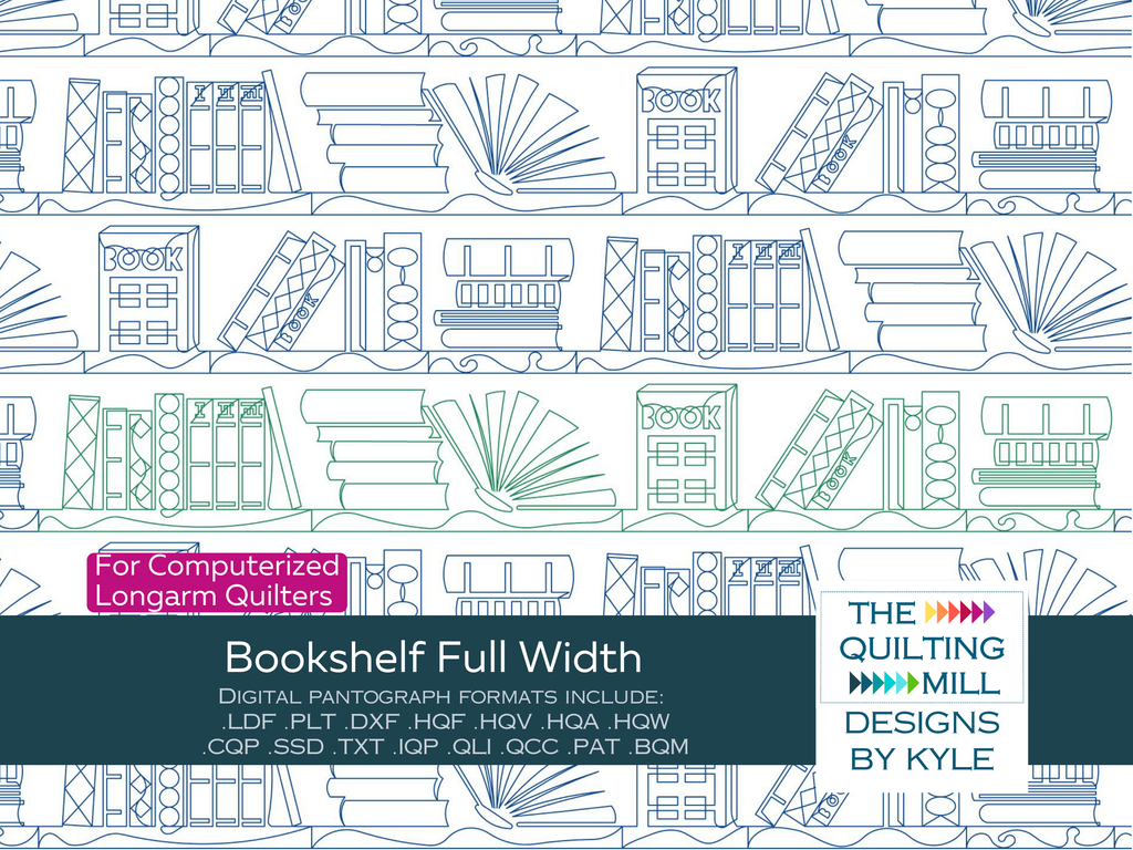 Bookshelf Full Width novelty digital pantograph – full-width row of stacked book motifs stretching edge to edge in a literary longarm quilting design