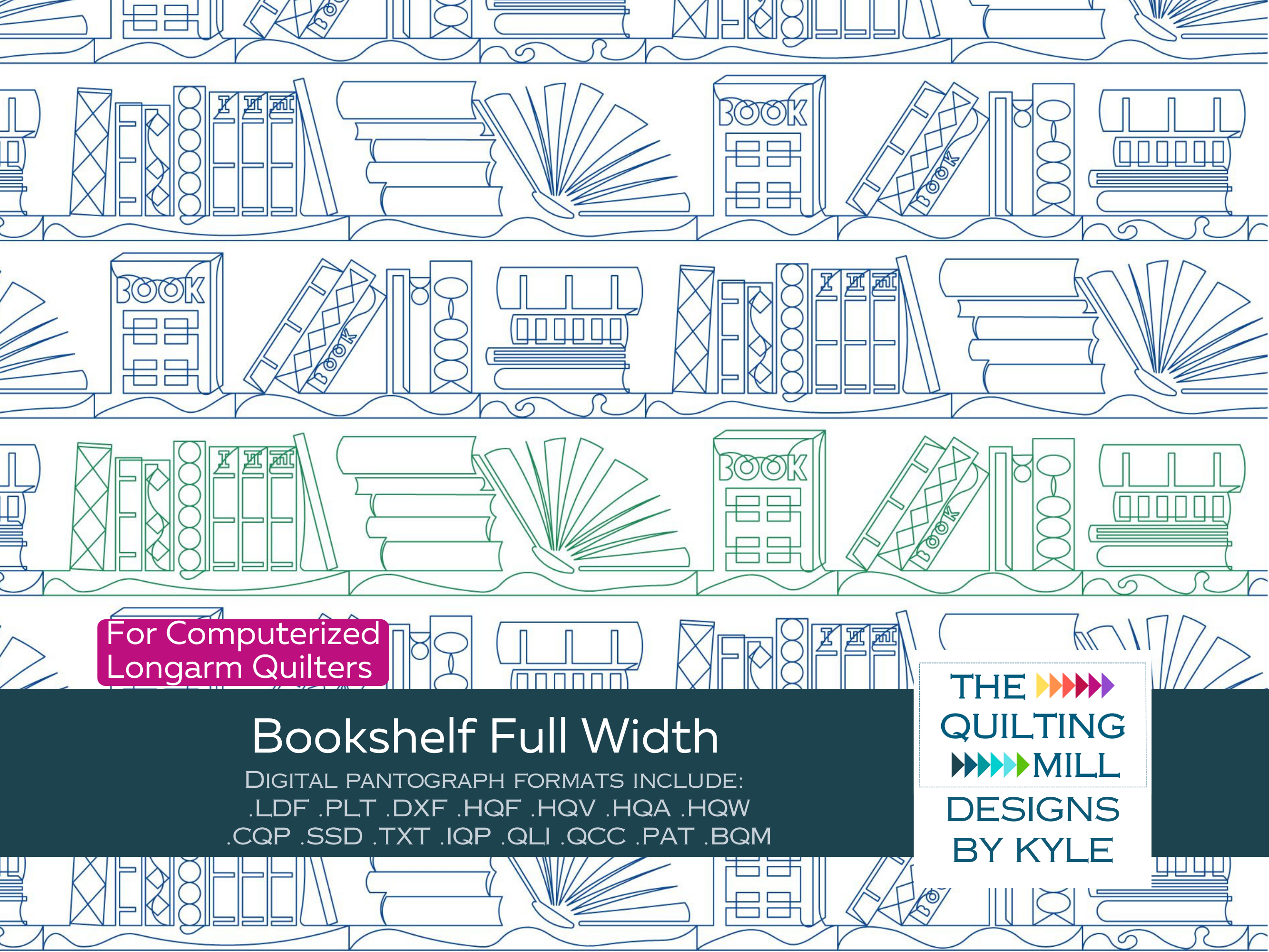 Bookshelf Full Width novelty digital pantograph – full-width row of stacked book motifs stretching edge to edge in a literary longarm quilting design