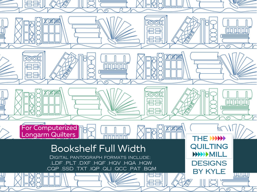 Bookshelf Full Width novelty digital pantograph – full-width row of stacked book motifs stretching edge to edge in a literary longarm quilting design