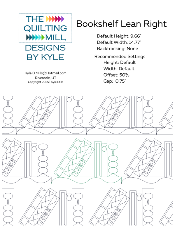 Bookshelf Lean Right playful quilt pantograph info sheet showing 9.66" height, 14.77" width, 50% offset and supported file formats for longarm quilting software