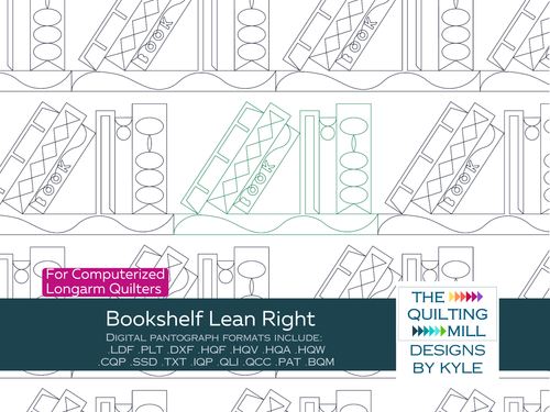 Bookshelf Lean Right playful quilt pantograph – rows of gently leaning book motifs repeating edge to edge in a whimsical book-themed longarm quilting design