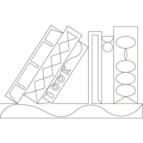 Close-up of Bookshelf Lean Right digital pantograph showing casually tilted book shapes in a staggered 50% offset repeat for longarm quilting