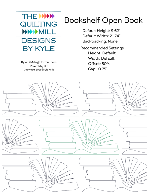 Bookshelf Open Book fun modern pantograph info sheet with file formats and specifications for digital pantographs and longarm quilting machines