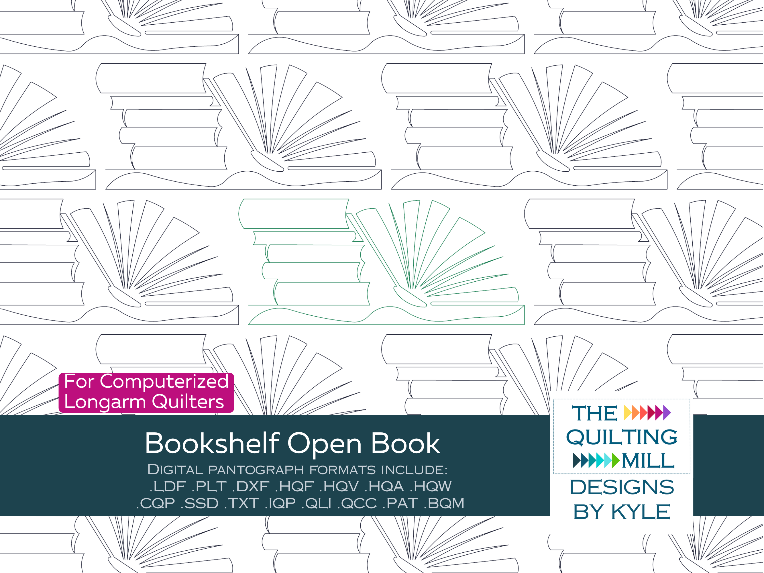 Bookshelf Open Book fun modern pantograph product image showing playful open book shapes in a whimsical literary edge-to-edge longarm quilting design