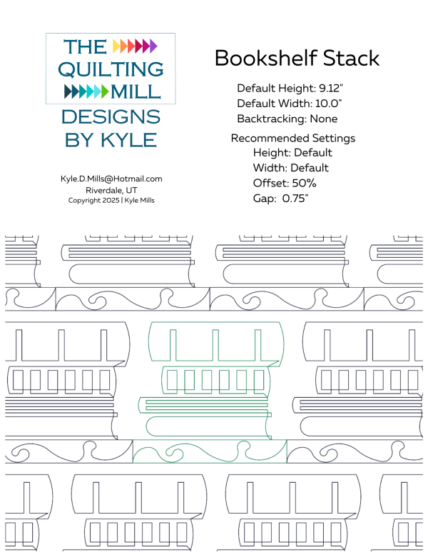 Bookshelf Stack modern novelty pantograph info sheet with file formats and specifications for digital pantographs and longarm quilting machines