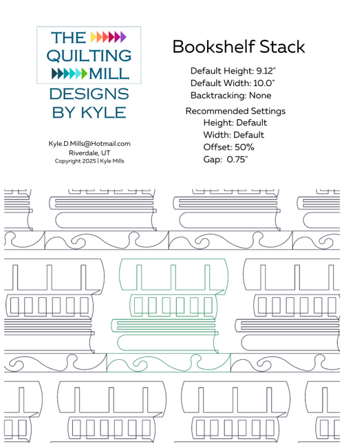 Bookshelf Stack modern novelty pantograph info sheet with file formats and specifications for digital pantographs and longarm quilting machines