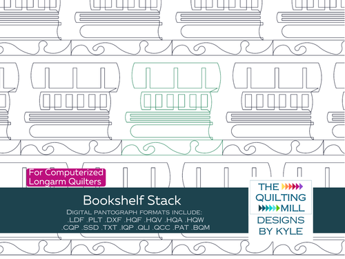 Bookshelf Stack modern novelty pantograph product image showing neatly stacked book spines in a playful literary edge-to-edge longarm quilting design