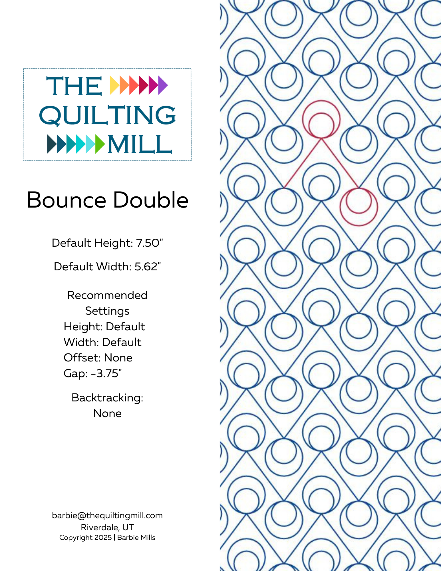 Bounce Double modern circle pantograph info sheet with file formats and specifications for digital pantographs and longarm quilting machines