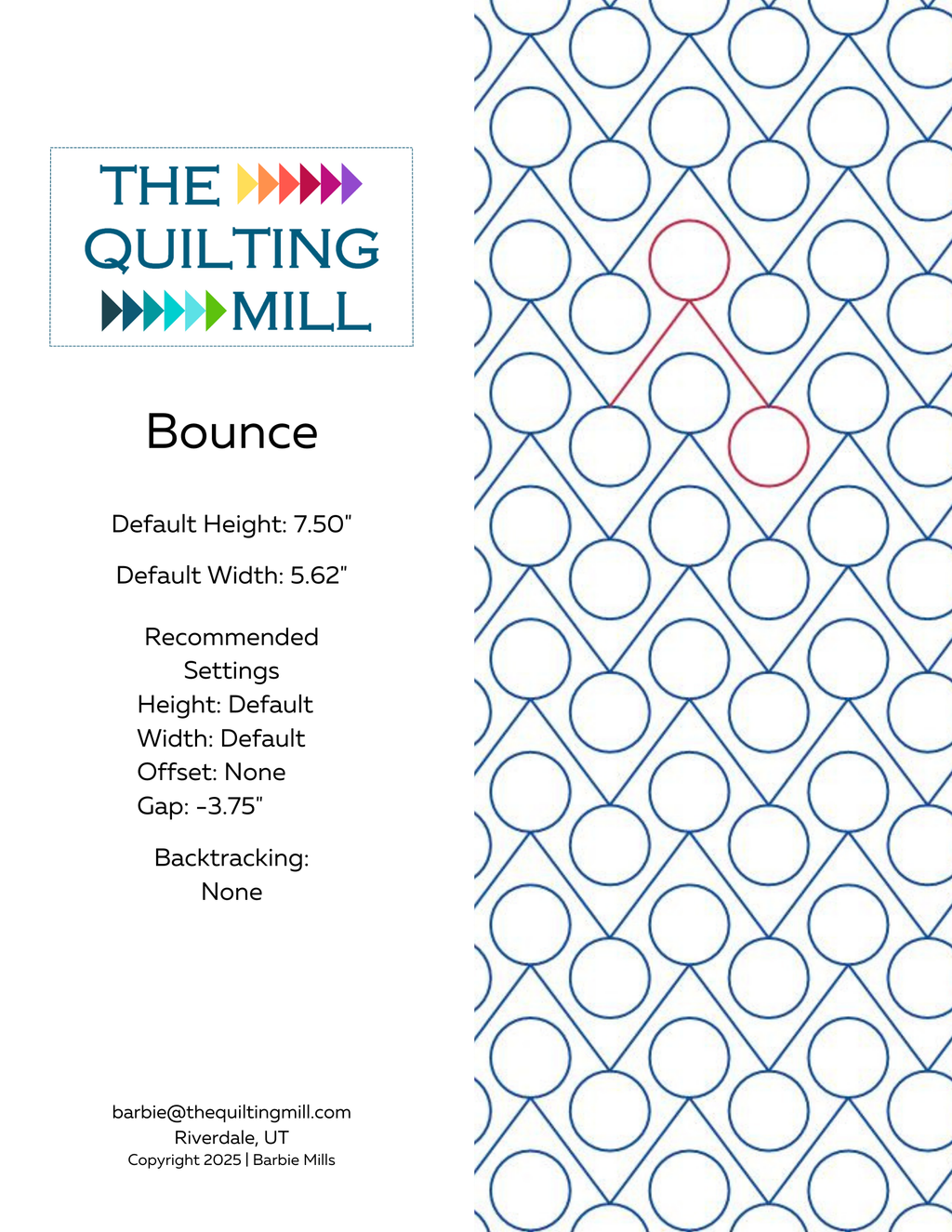 Bounce longarm circle pantograph info sheet with file formats and specifications for digital pantographs and longarm quilting machines