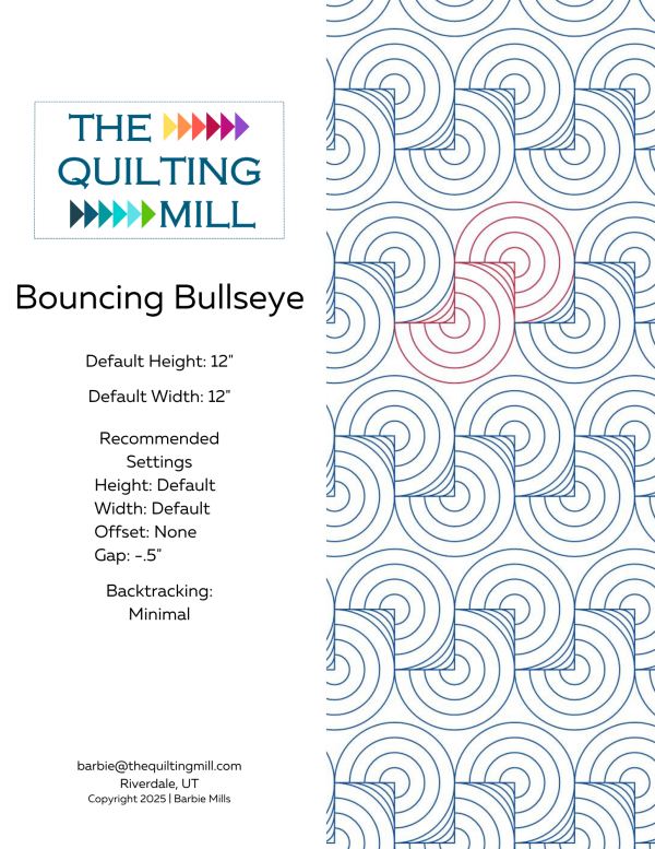 Bouncing Bullseye circle pantograph pattern info sheet showing 12-inch default height and width, no offset, negative half-inch gap and supported file formats for longarm quilting software