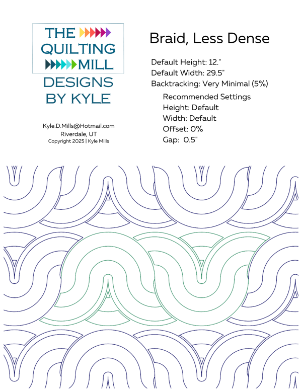 Braid Less Dense braid quilt pattern info sheet showing 12-inch height, 29.5-inch width, zero offset, 0.5-inch gap and supported file formats for longarm quilting software