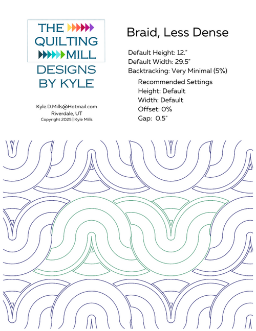 Braid Less Dense braid quilt pattern info sheet showing 12-inch height, 29.5-inch width, zero offset, 0.5-inch gap and supported file formats for longarm quilting software