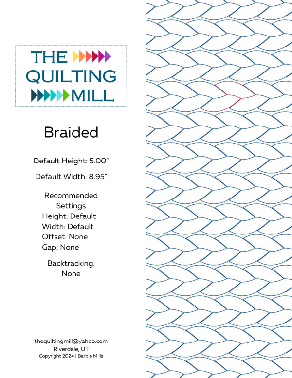 Braided edge-to-edge quilting pantograph info sheet showing 5-inch height, 8.95-inch width, no offset, no gap, zero backtracking and supported file formats for longarm quilting software