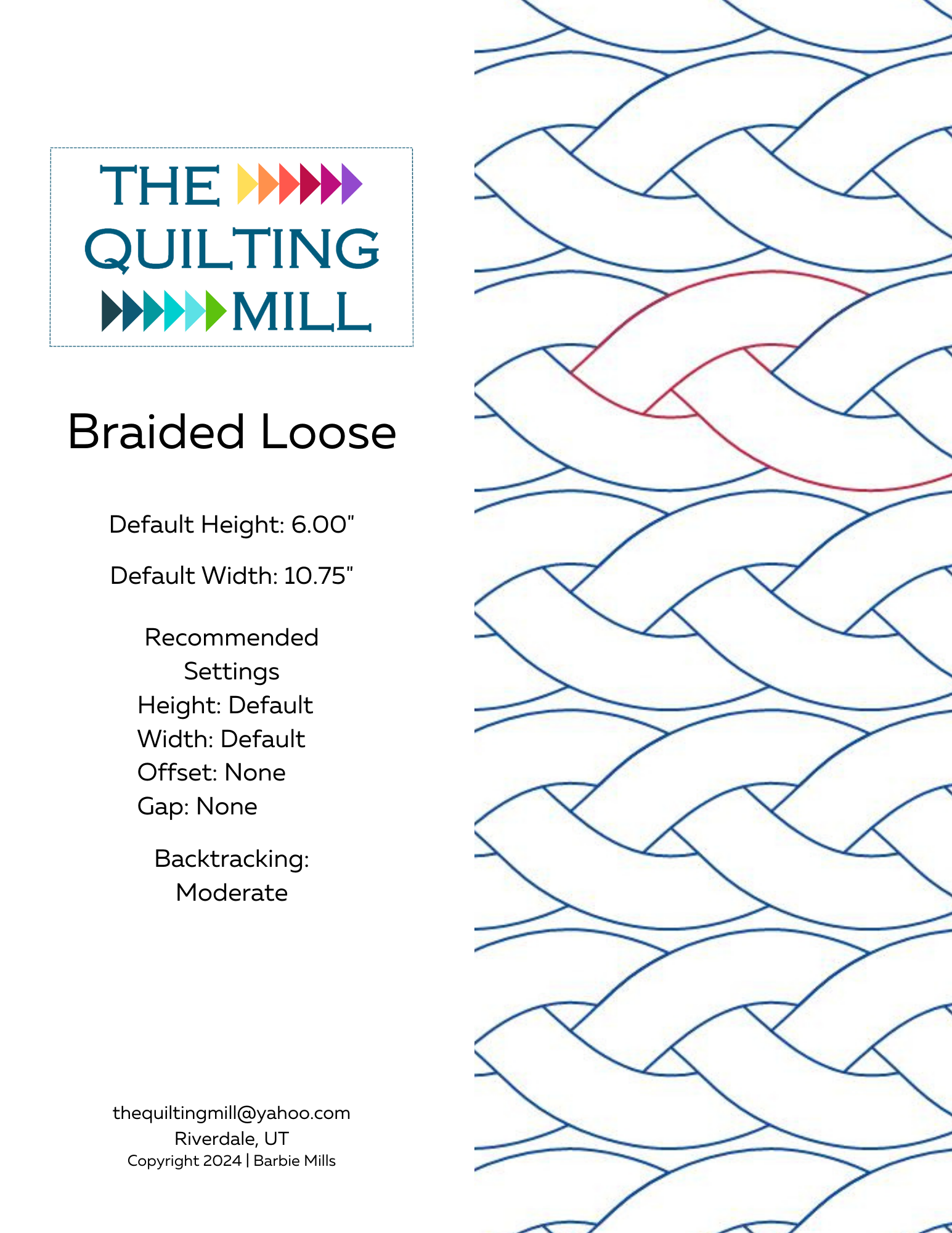 Braided Loose digital braid pantograph info sheet showing 6-inch height, 10.75-inch width, no offset, no gap, moderate backtracking and supported file formats for longarm quilting software