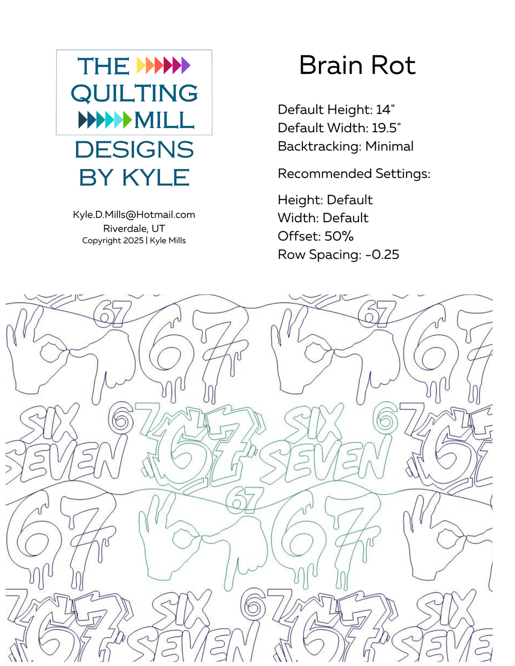 Brain Rot digital pantograph info sheet listing default height, width, 50 percent offset and recommended row spacing for longarm quilting