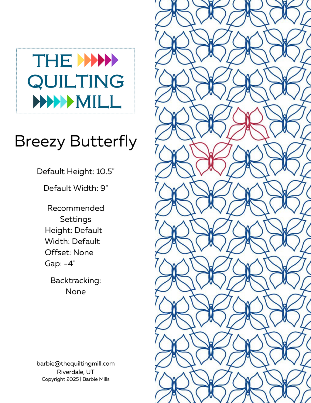 Breezy Butterfly quilting pantograph info sheet showing 10.5-inch height, 9-inch width, no offset, negative 4-inch gap and supported file formats for longarm quilting software
