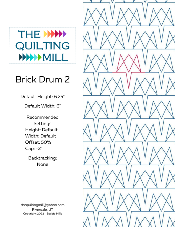 Brick Drum 2 digital pantograph info sheet with file formats and specs for longarm quilting machines