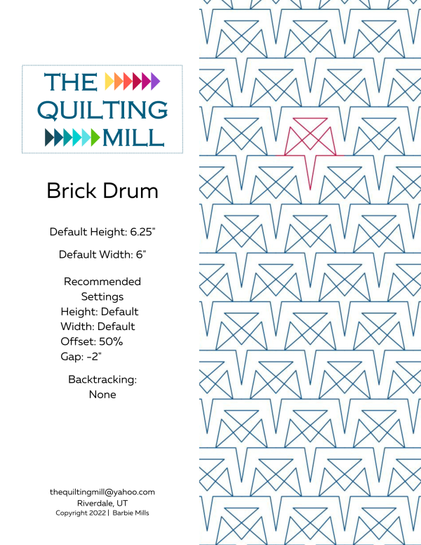 Brick Drum digital pantograph info sheet with file formats and specifications for longarm quilting software