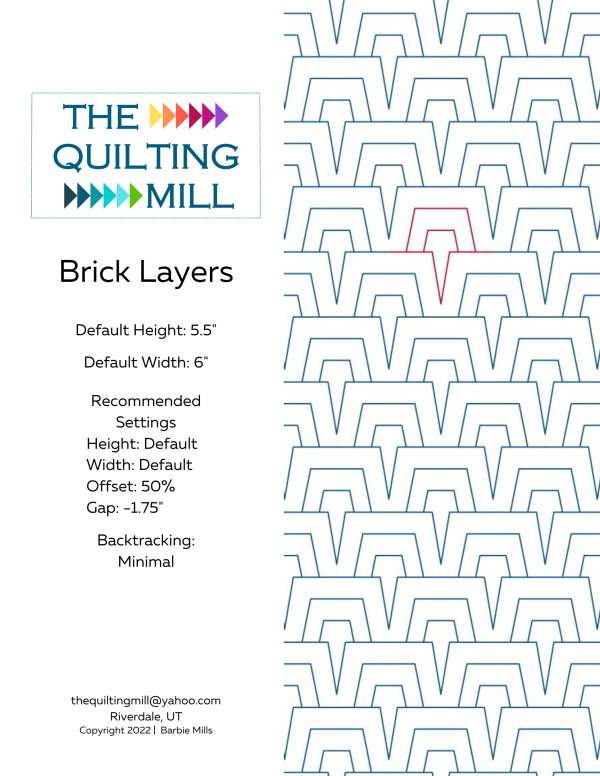 Brick Layers geometric quilt pattern info sheet with file formats and specifications for digital pantographs and longarm quilting machines