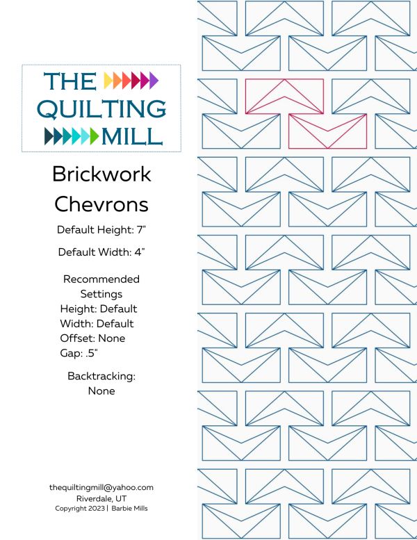 Brickwork Chevrons longarm geometric pantograph info sheet with file formats and specifications for digital pantographs and longarm quilting machines