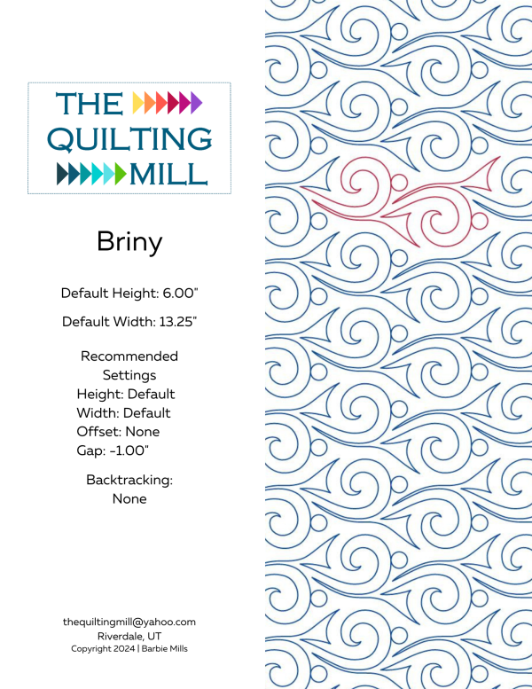 Briny swirl quilting pantograph info sheet – specs and settings for digital swirl pantographs for longarm quilting machines