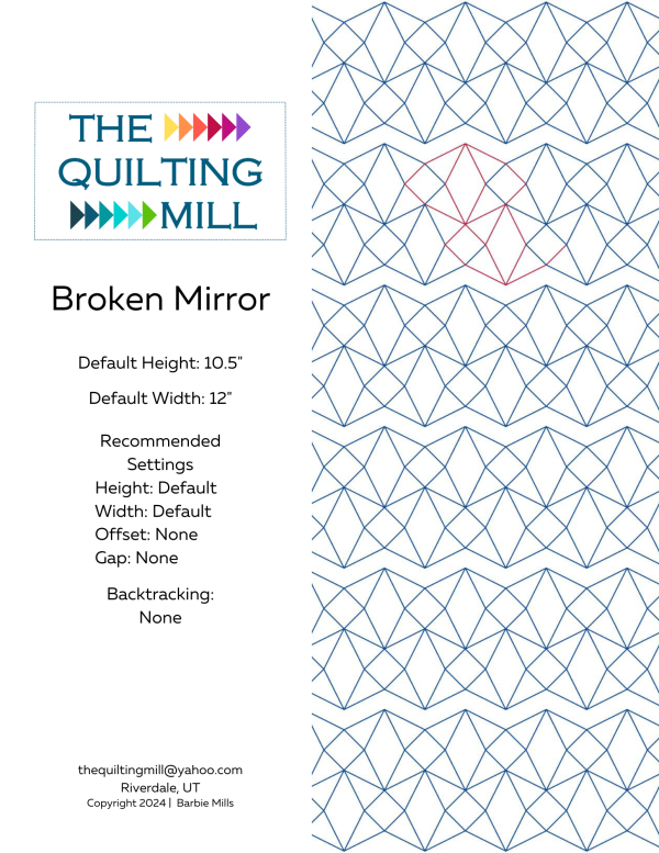 Broken Mirror modern quilting pantograph info sheet – specs and settings for digital modern pantographs for longarm quilting machines